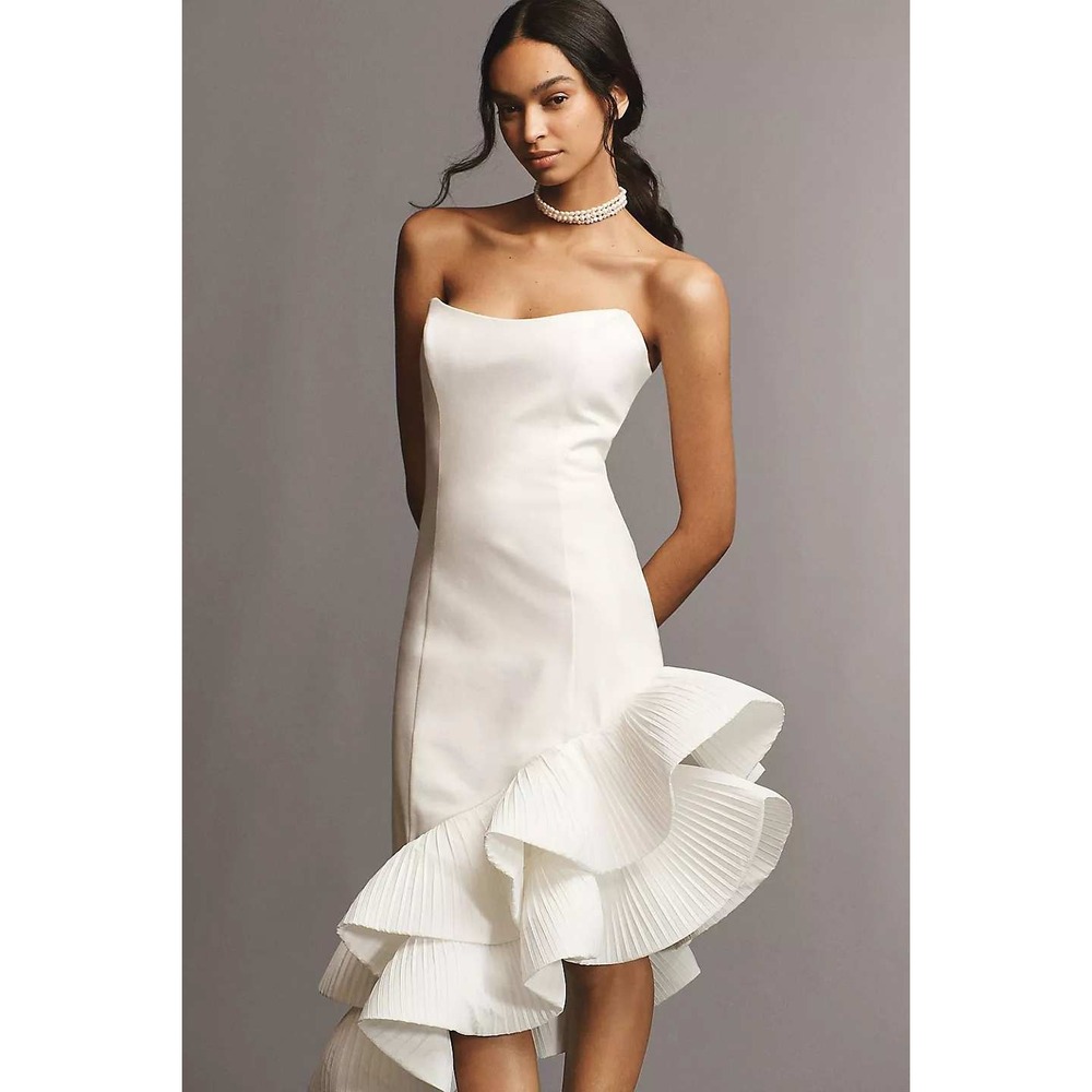 BHLDN Anthropologie Flamenco Hem Asymmetrical Midi Dress Strapless Ruffle White